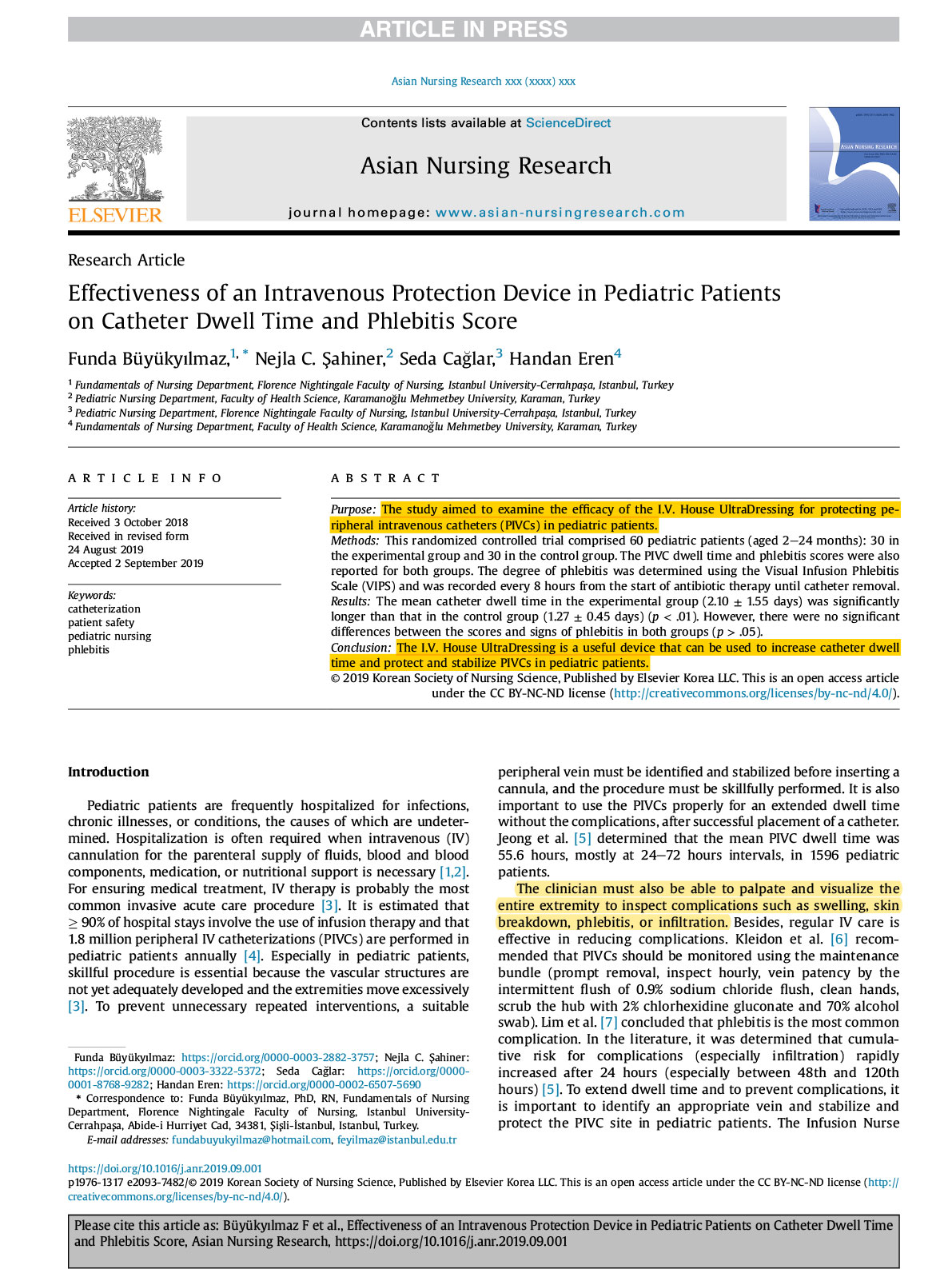 Effectiveness of an Intravenous Protection Device in Pediatric Patients on Catheter Dwell Time and Phlebitis Score